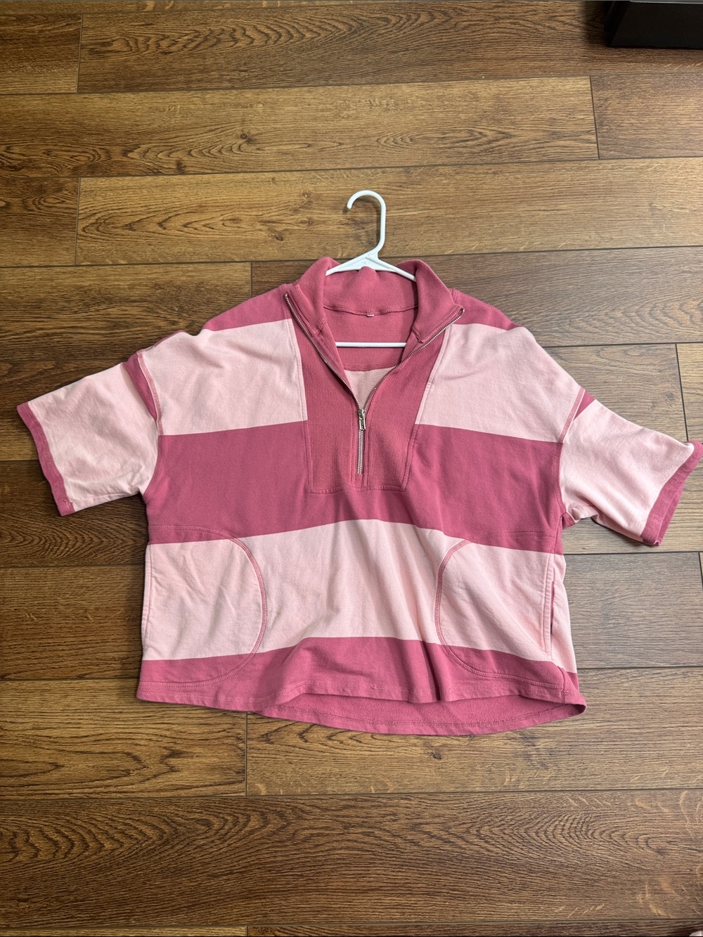 Amazon Women's Pink and Light Pink Striped Half-Zip Sweatshirt